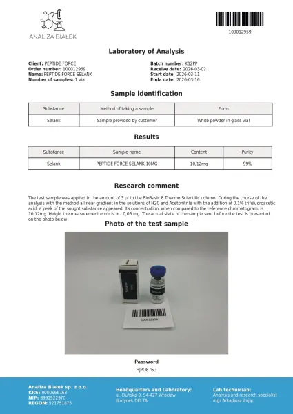 Selank — CoA — 99% purity — Mar 2026